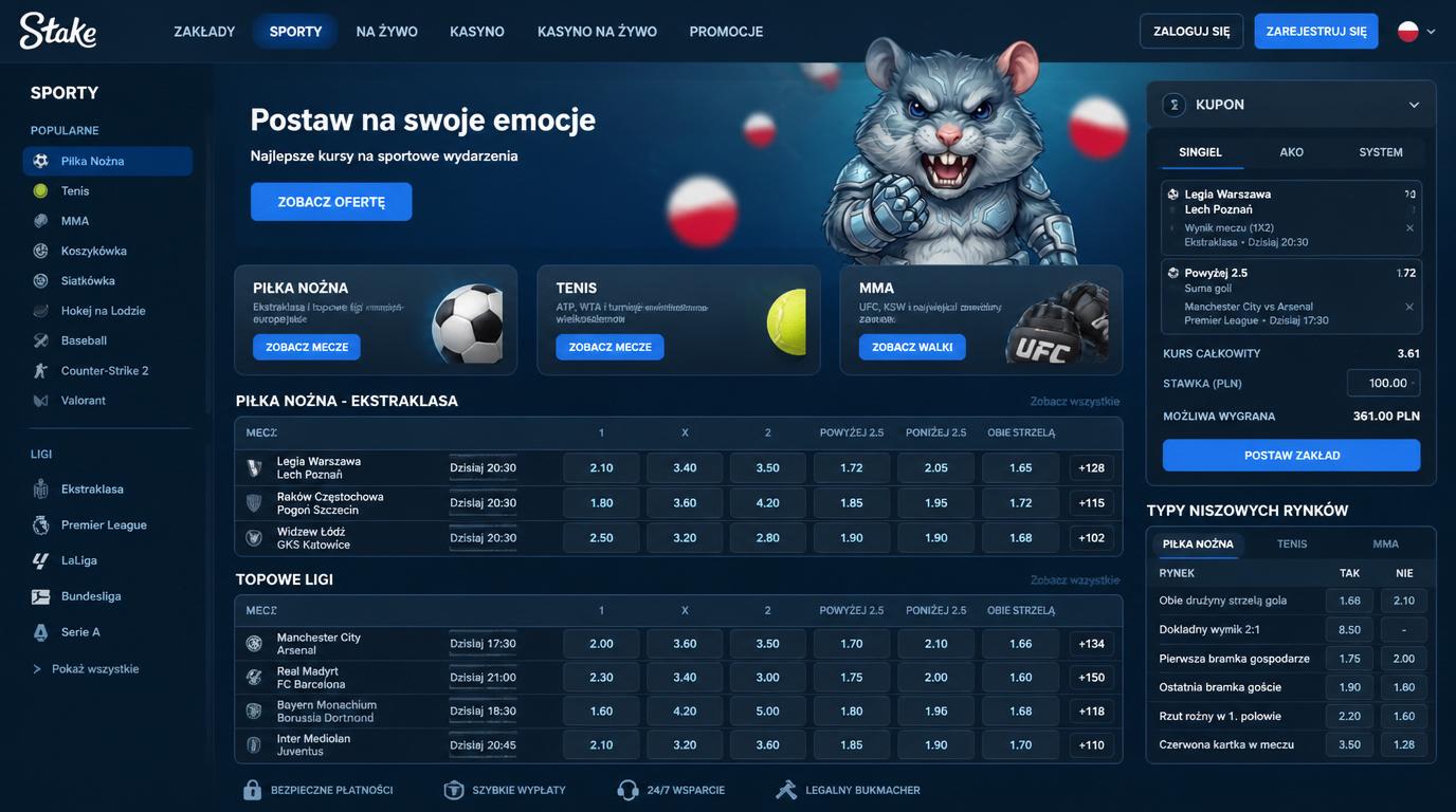 Zrzut ekranu przedstawiający ofertę sportową Stake Casino – Ekstraklasa, tenis, MMA, niszowe rynki.