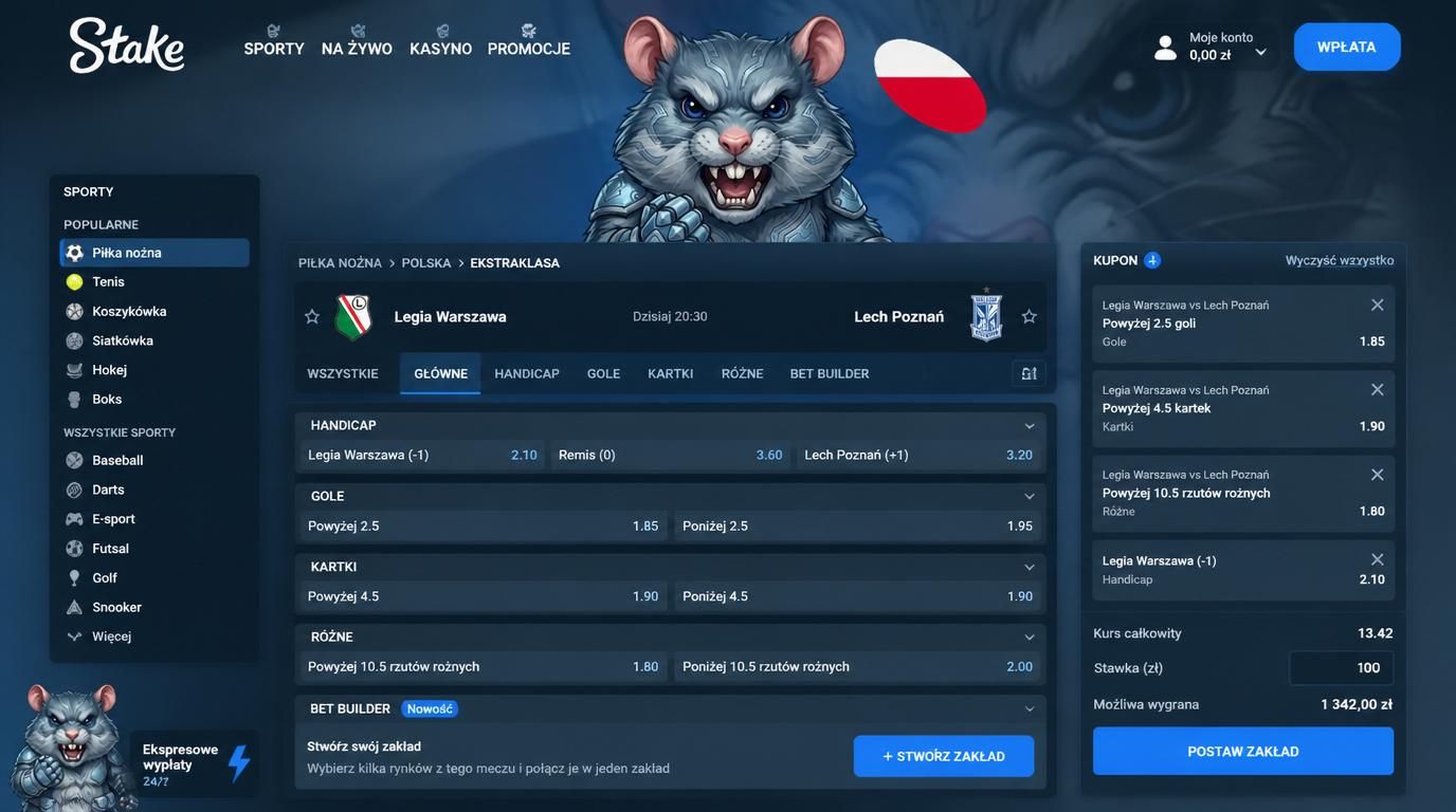 Kupon Bet Builder z wieloma rynkami jednego meczu: handicap, over, kartki, rożne.