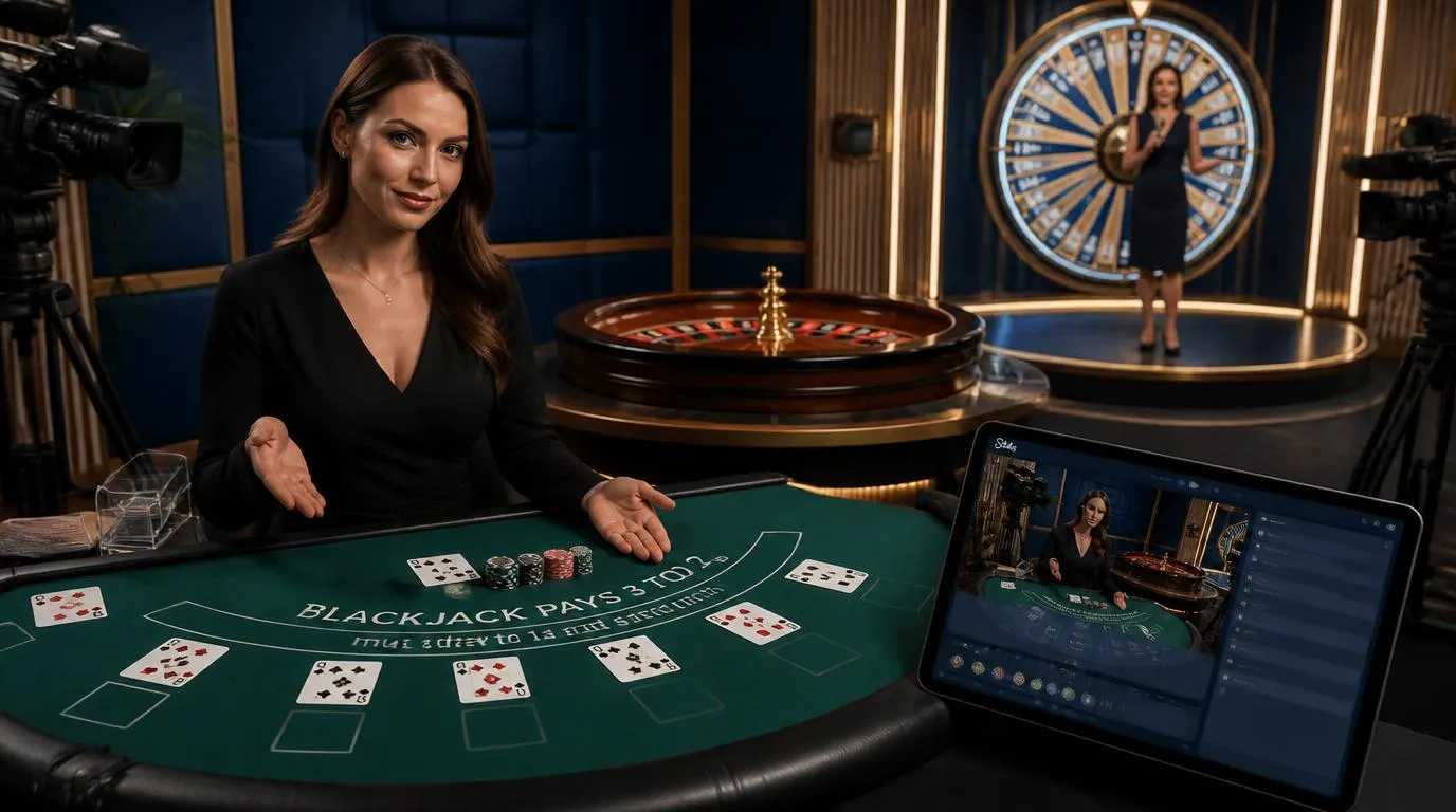 Krupierka przy stole blackjacka, koło ruletki i ekran teleturnieju w eleganckim studiu kasyna na żywo