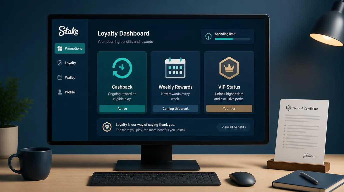 Panel programu lojalnościowego z kartami cashbacku, nagród tygodniowych i poziomu VIP