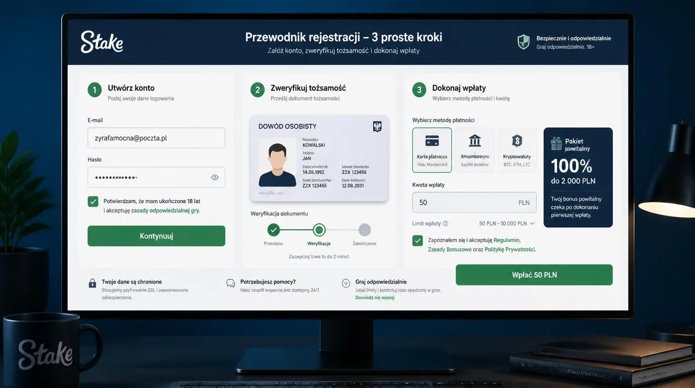 Panel rejestracji, weryfikacji tożsamości i kasy z wyborem płatności oraz warunkami bonusu