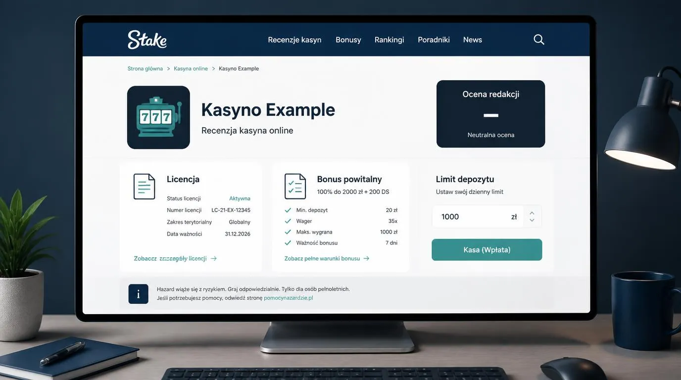 Przykładowy panel kasyna z warunkami bonusu, informacją o licencji i ustawieniem limitu wpłat