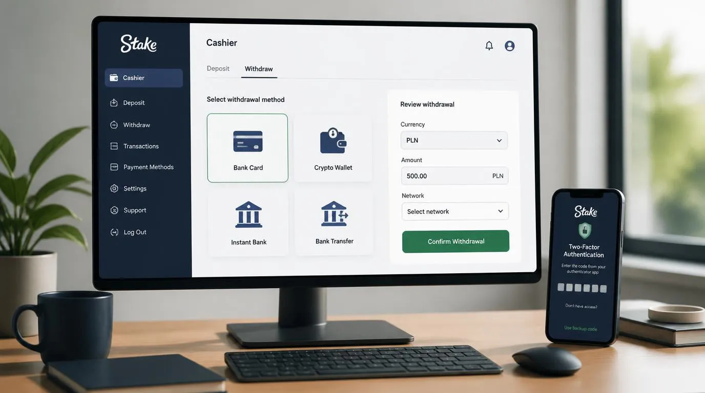 Panel płatności z kartami, kryptowalutami i przelewem bankowym oraz podsumowaniem wypłaty w PLN
